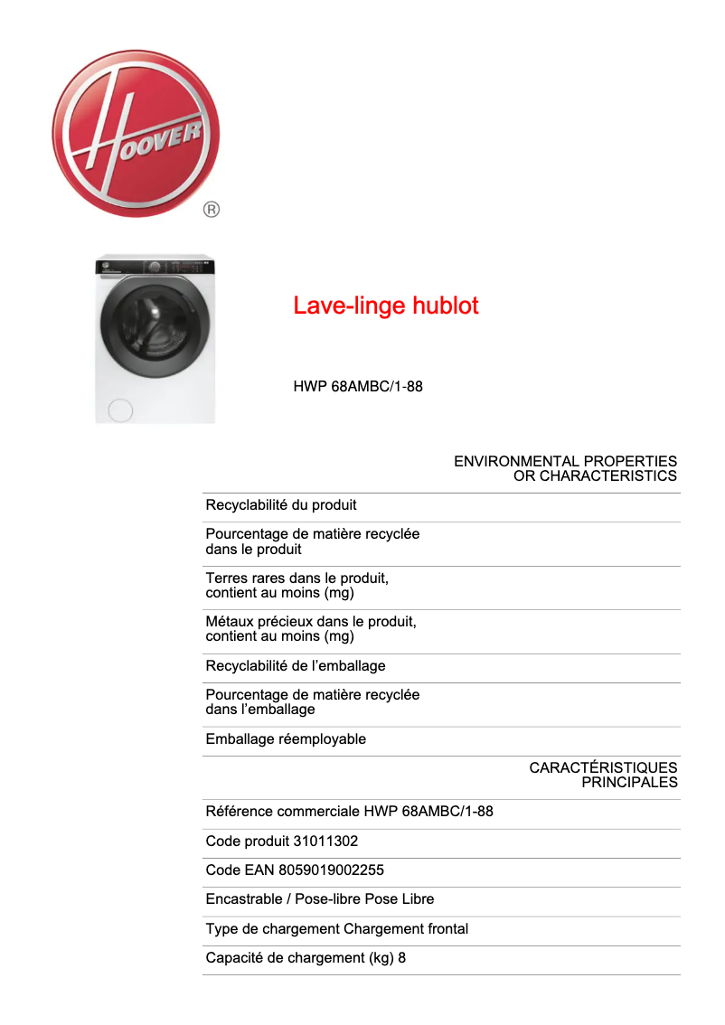 Página 1 del manual Ficha técnica Hoover HWP 68AMBC/1-88