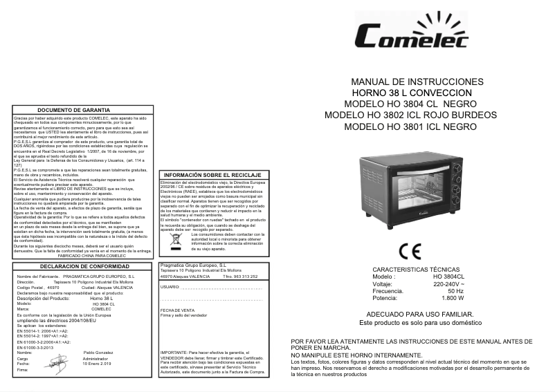 Imagen de la primera página del manual del dispositivo HO 3804 CL
