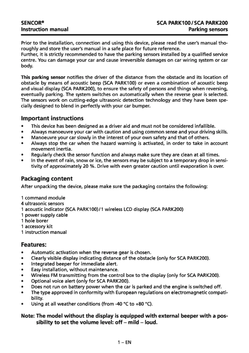 Imagen de la primera página del manual del dispositivo SCA PARK200