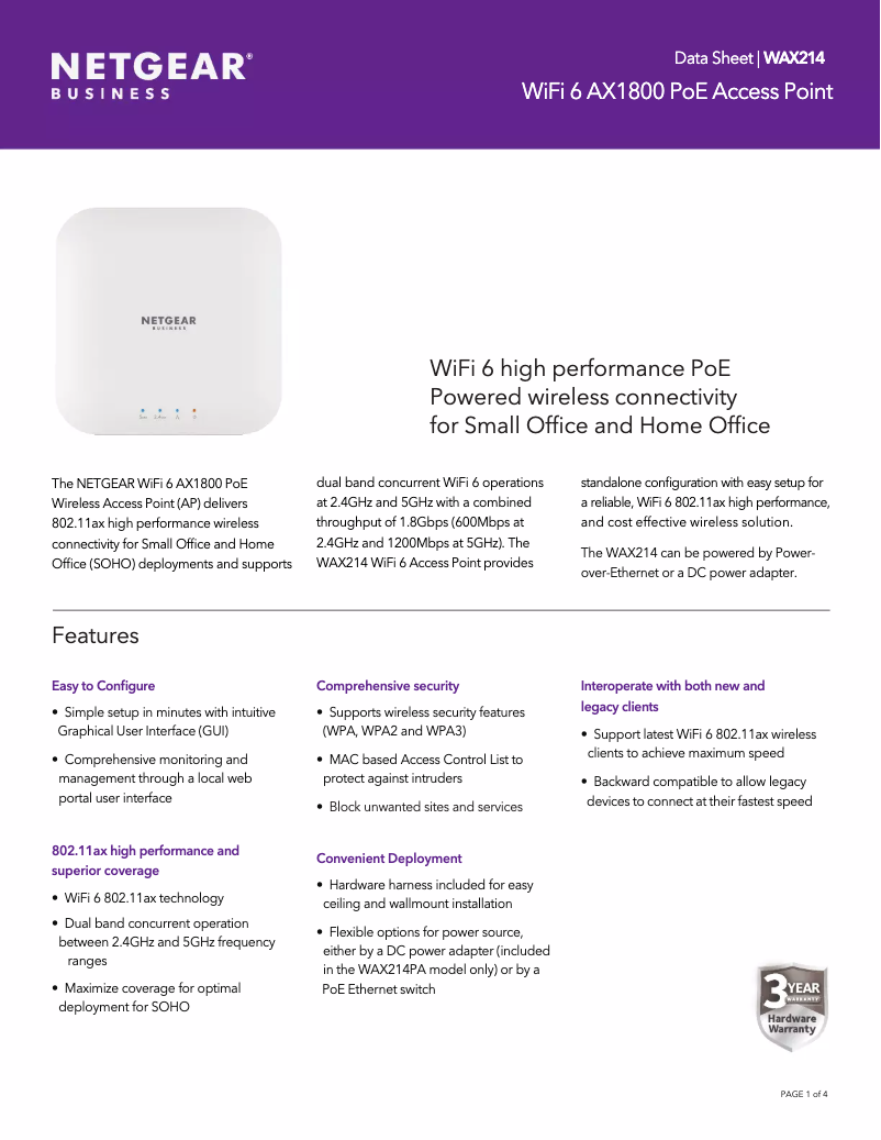 Página 1 del manual Ficha técnica Netgear WAX214