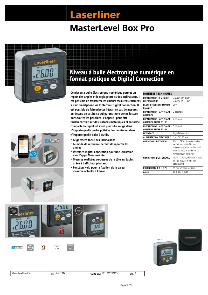 Página 1 del manual Ficha técnica Laserliner MasterLevel Box Pro