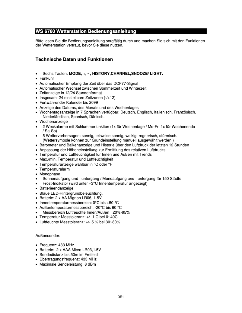 Página 1 del manual Manual de usuario Techno Line WS 6760