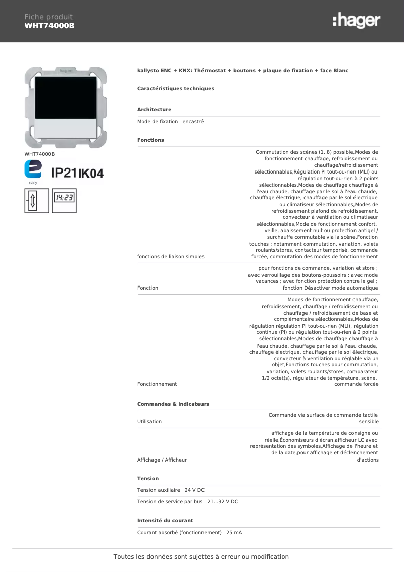 Página 1 del manual Ficha técnica Hager WHT74000B
