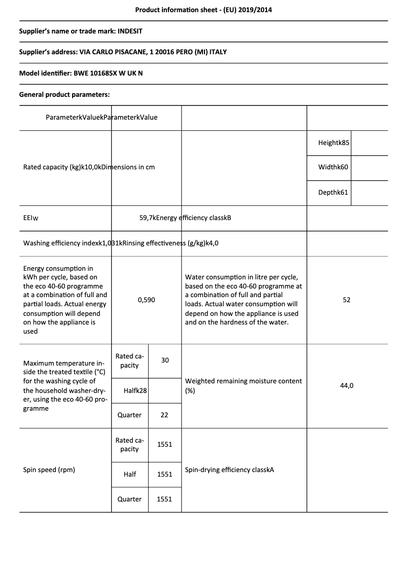 Página 1 del manual Ficha técnica Indesit BWE 101685X W UK N