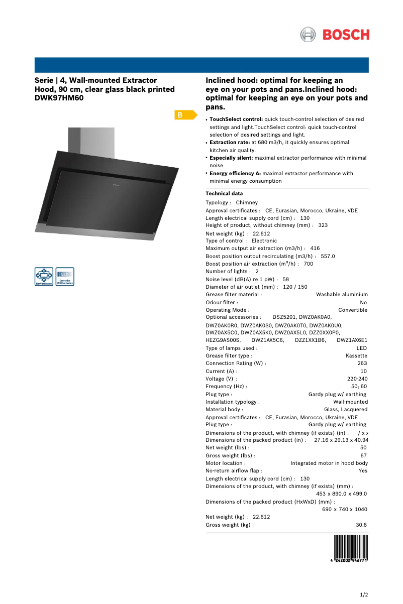Página 1 del manual Ficha técnica Bosch DWK97HM60