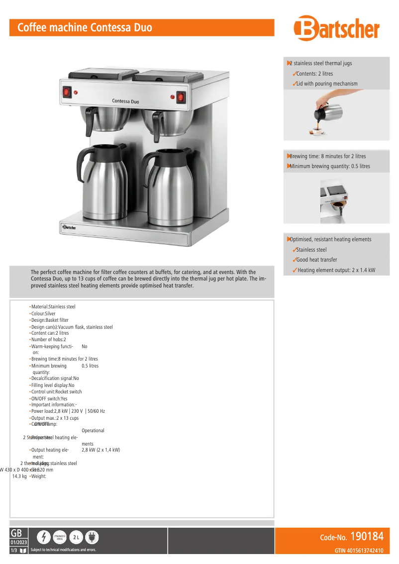 Página 1 del manual Ficha técnica Bartscher Contessa Duo
