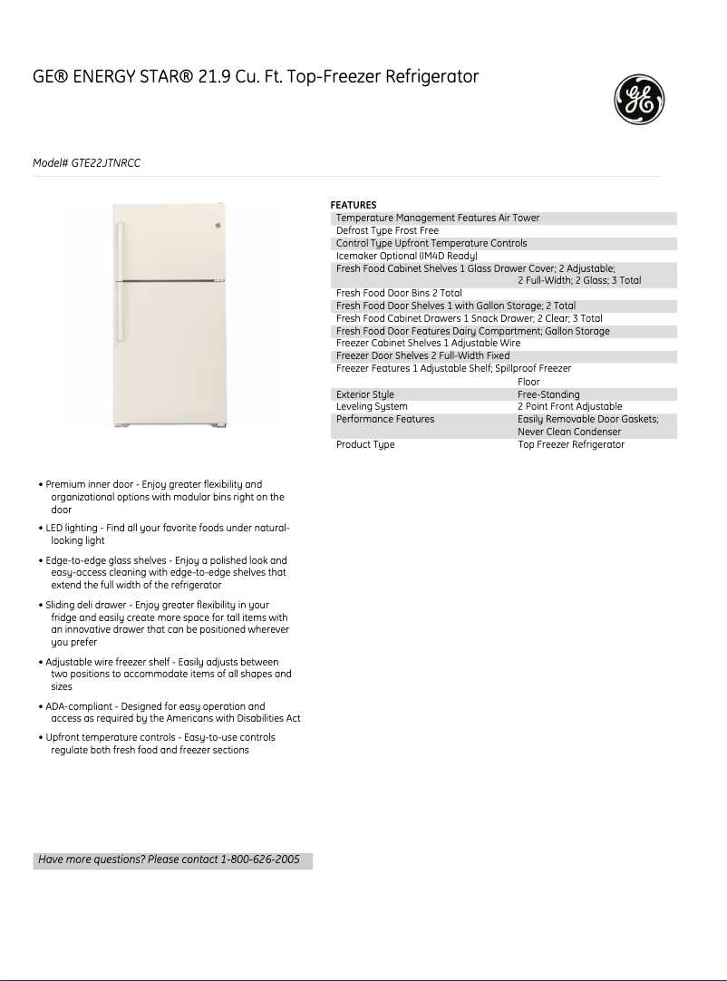 Página 1 del manual Ficha técnica GE GTE22JTNRCC