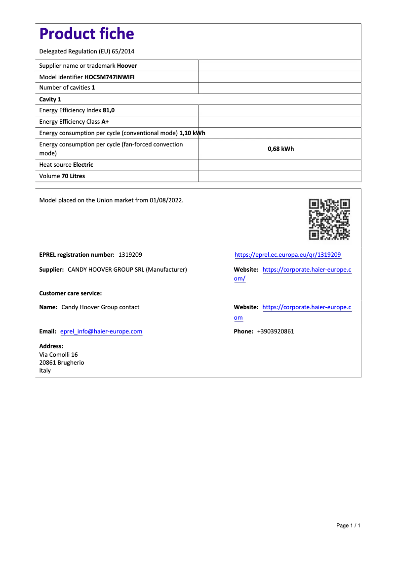 Página 1 del manual Ficha técnica Hoover HOC5M747INWIFI