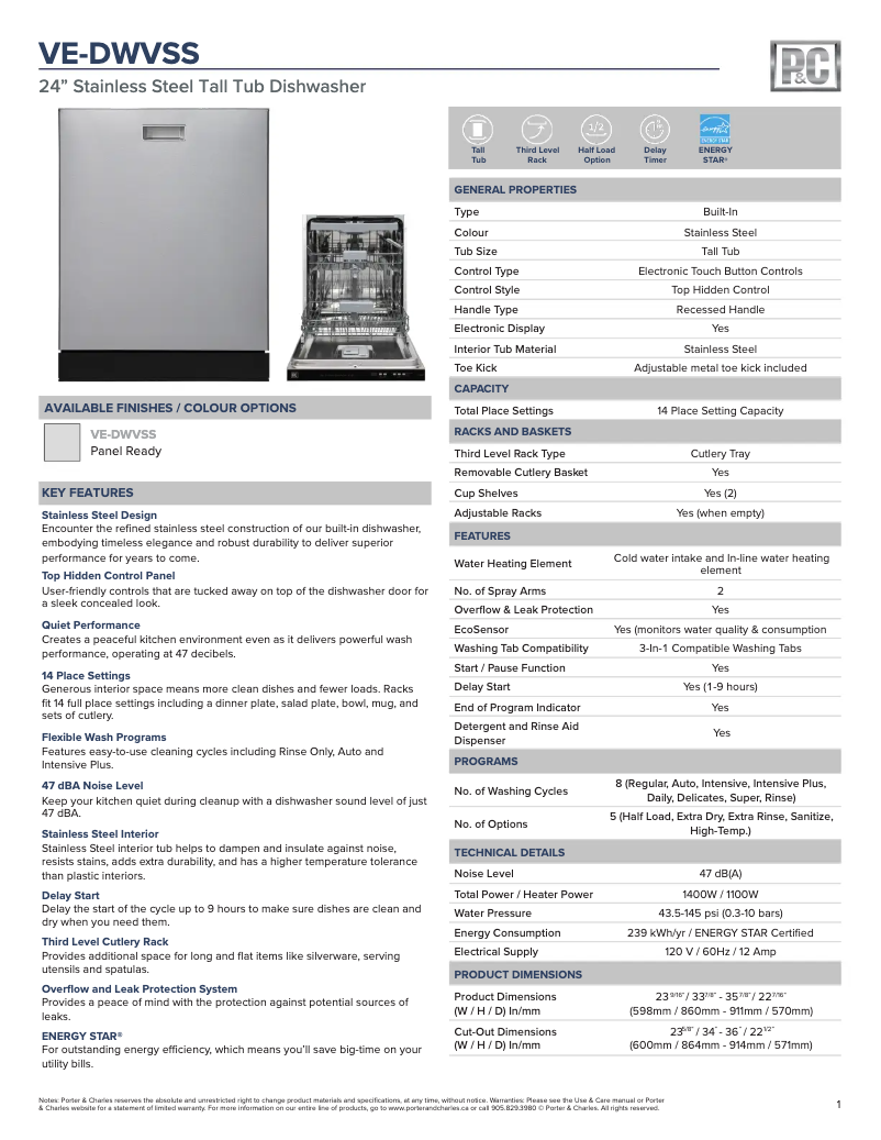 Página 1 del manual Ficha técnica Porter & Charles VE-DWVSS