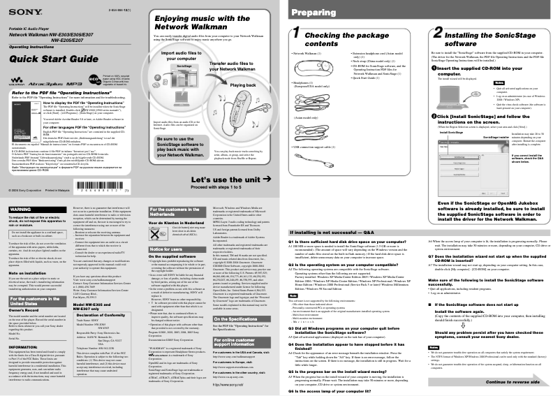 Imagen de la primera página del manual del dispositivo NW-E305