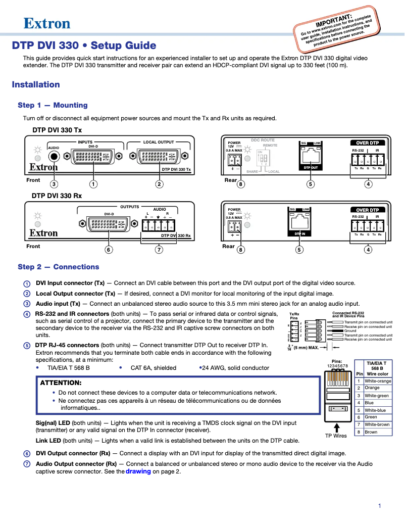 Página 1 del manual Manual de usuario Extron DTP DVI 4K 330 Rx