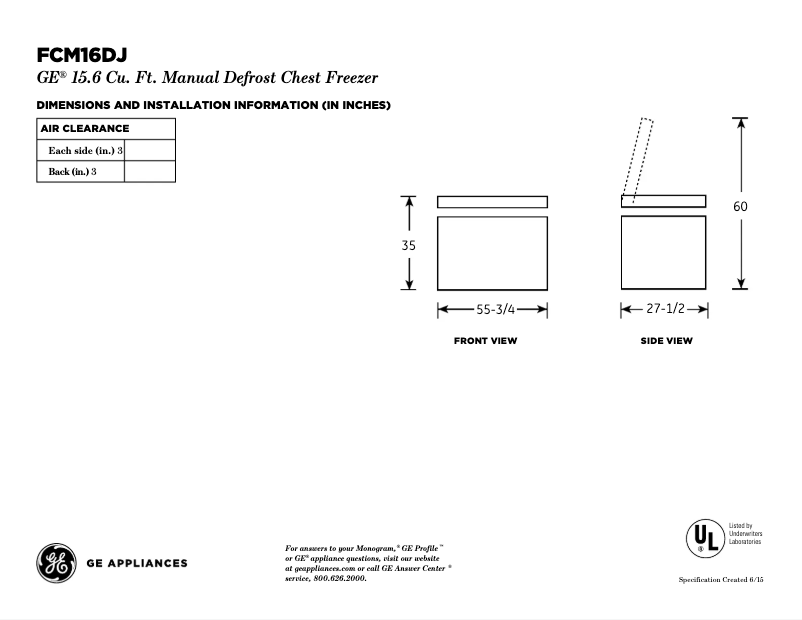 Página 1 del manual Ficha técnica GE FCM16DJWW
