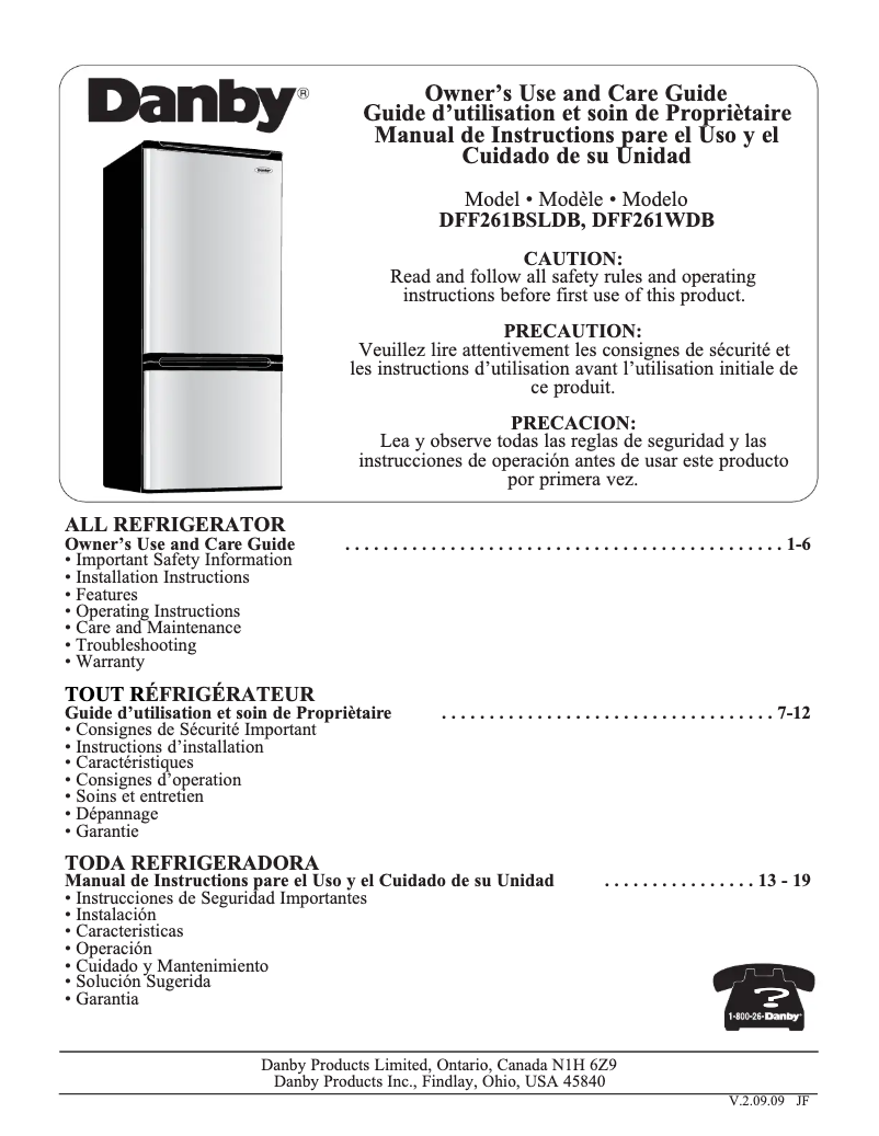 Página nº 1 - Manual de usuario Danby DFF261BSLDB