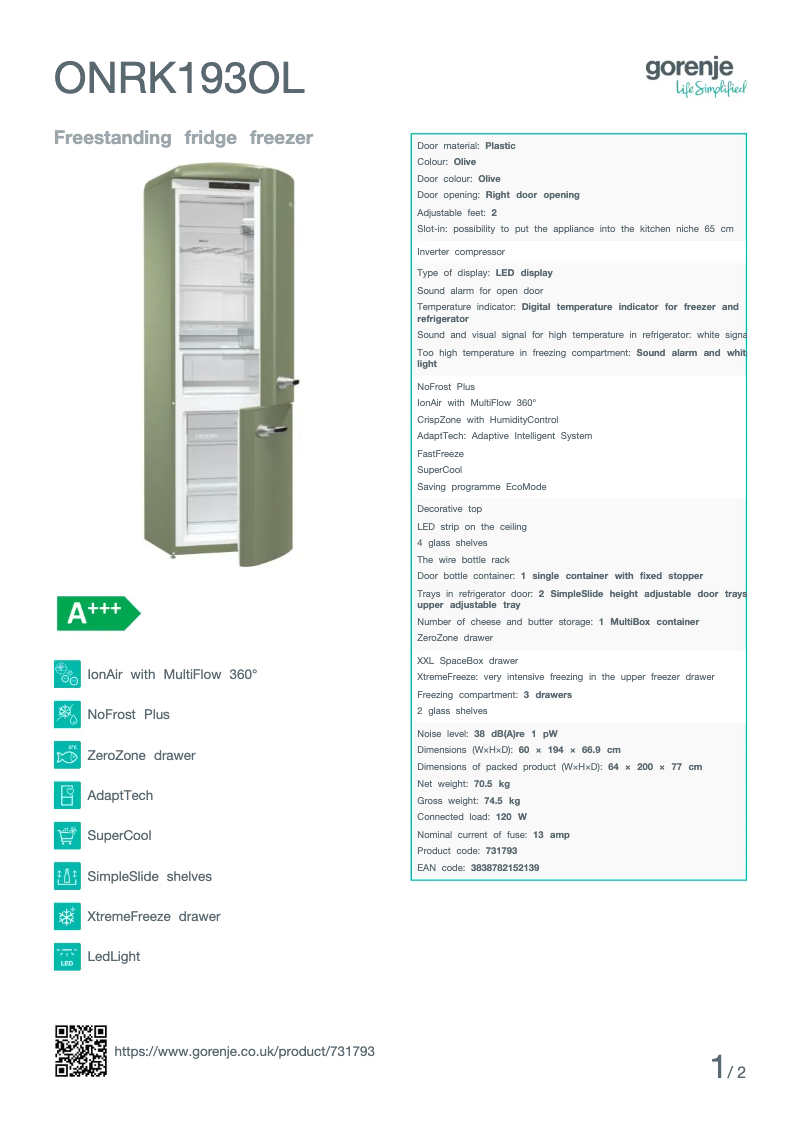 Página 1 del manual Ficha técnica Gorenje ONRK193OL