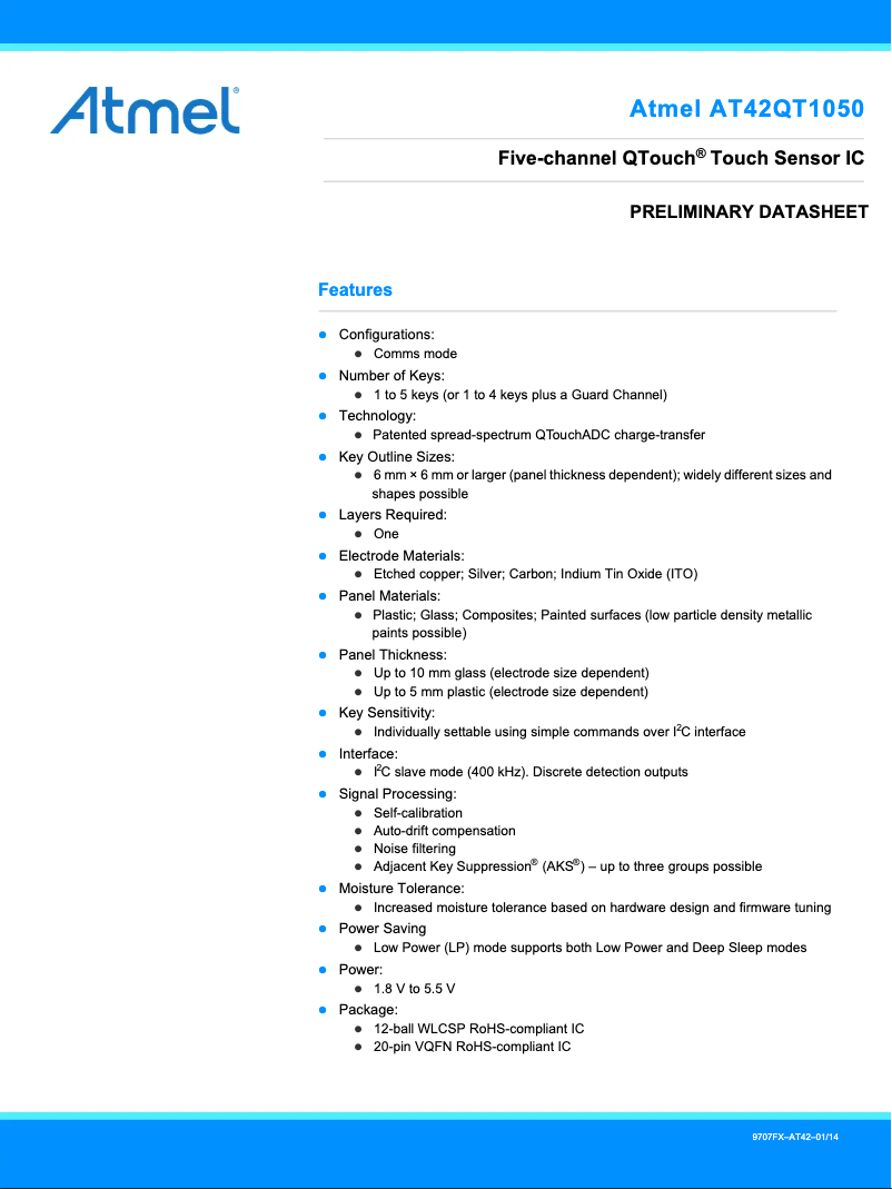 Imagen de la primera página del manual del dispositivo AT42QT1050