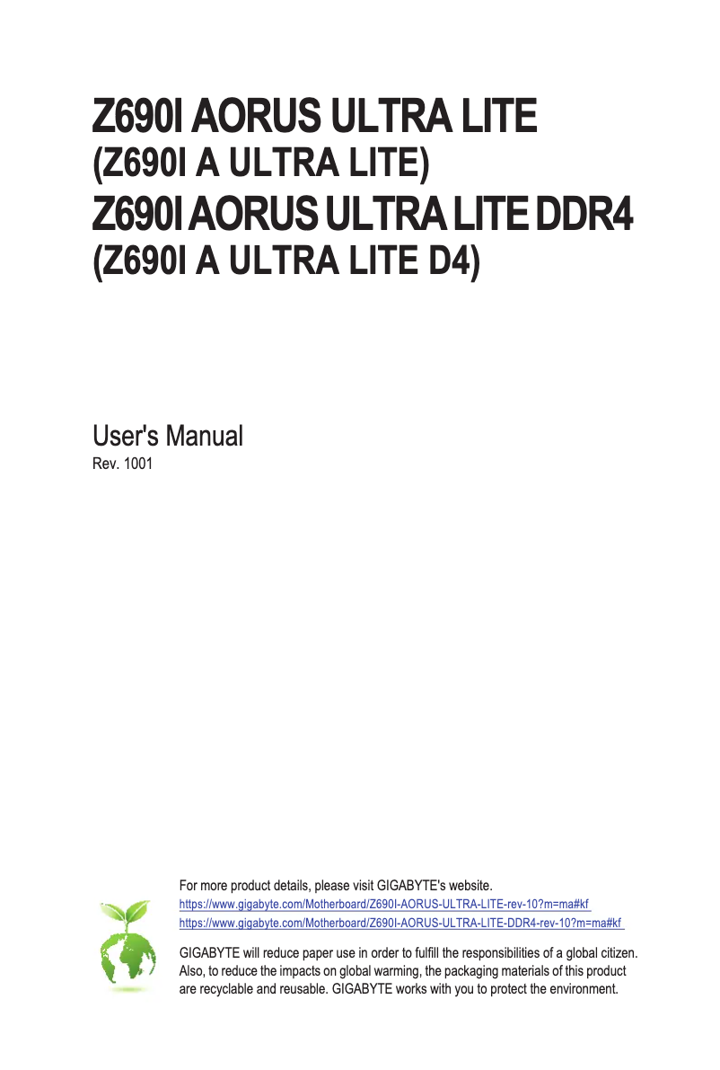 Imagen de la primera página del manual del dispositivo Z690I Aorus Ultra Lite DDR4