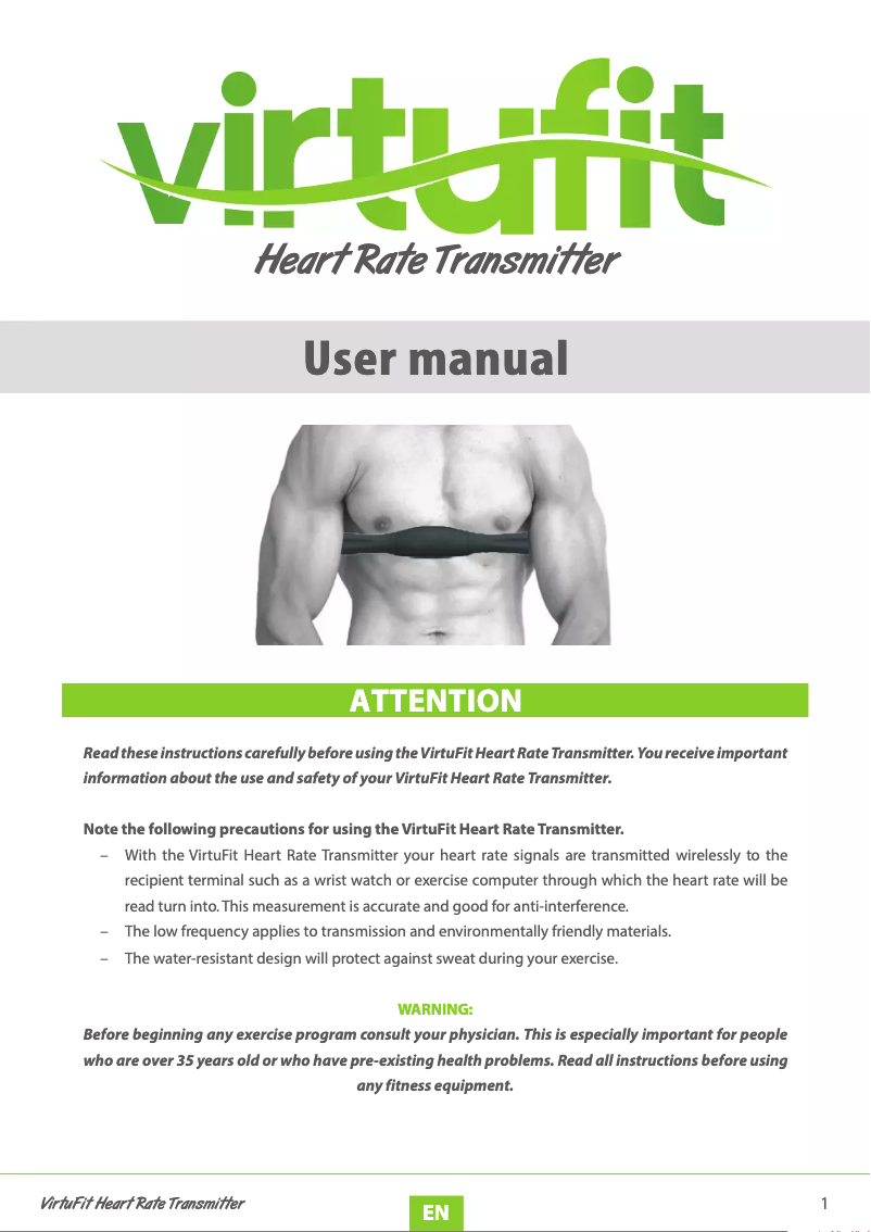 Imagen de la primera página del manual del dispositivo Heart Rate Transmitter