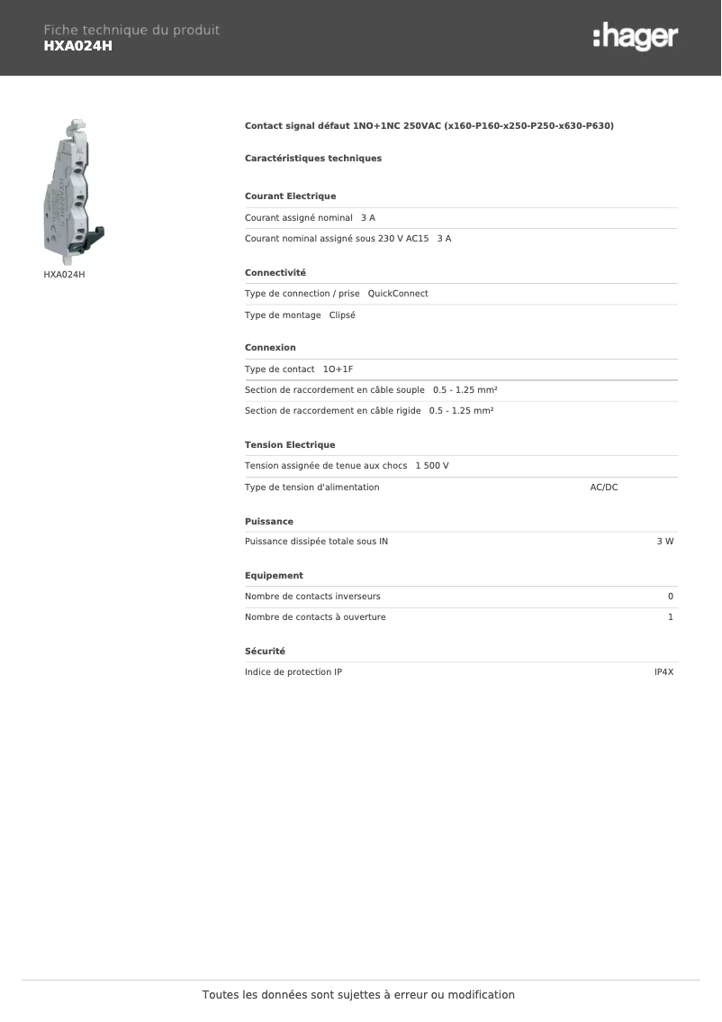 Página 1 del manual Ficha técnica Hager HXA024H
