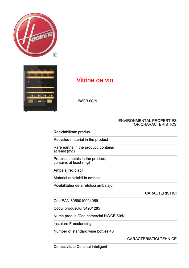 Página 1 del manual Ficha técnica Hoover HWCB 60/N