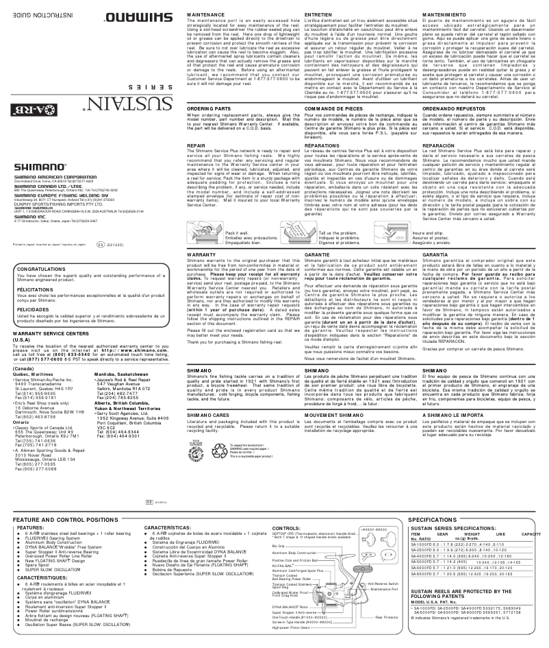 Página 1 del manual Manual de usuario Shimano Sustain 2500FD