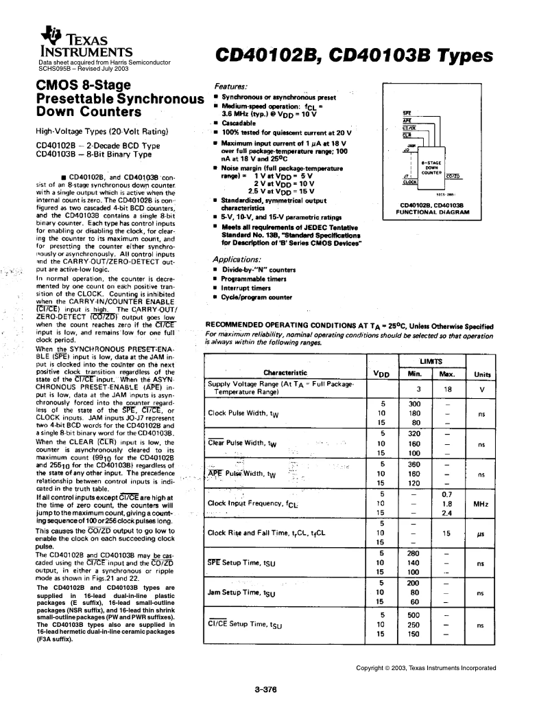 Imagen de la primera página del manual del dispositivo CD40103BPW