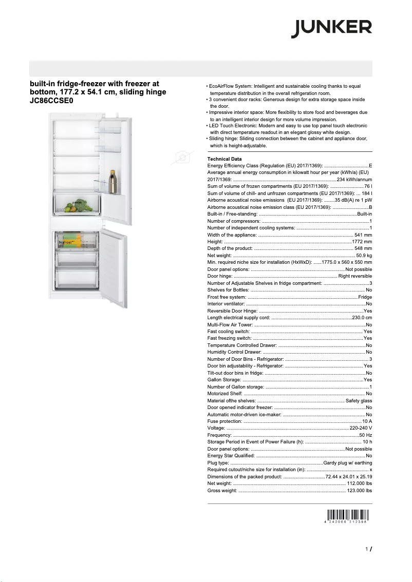 Página 1 del manual Ficha técnica Junker JC86CCSE0