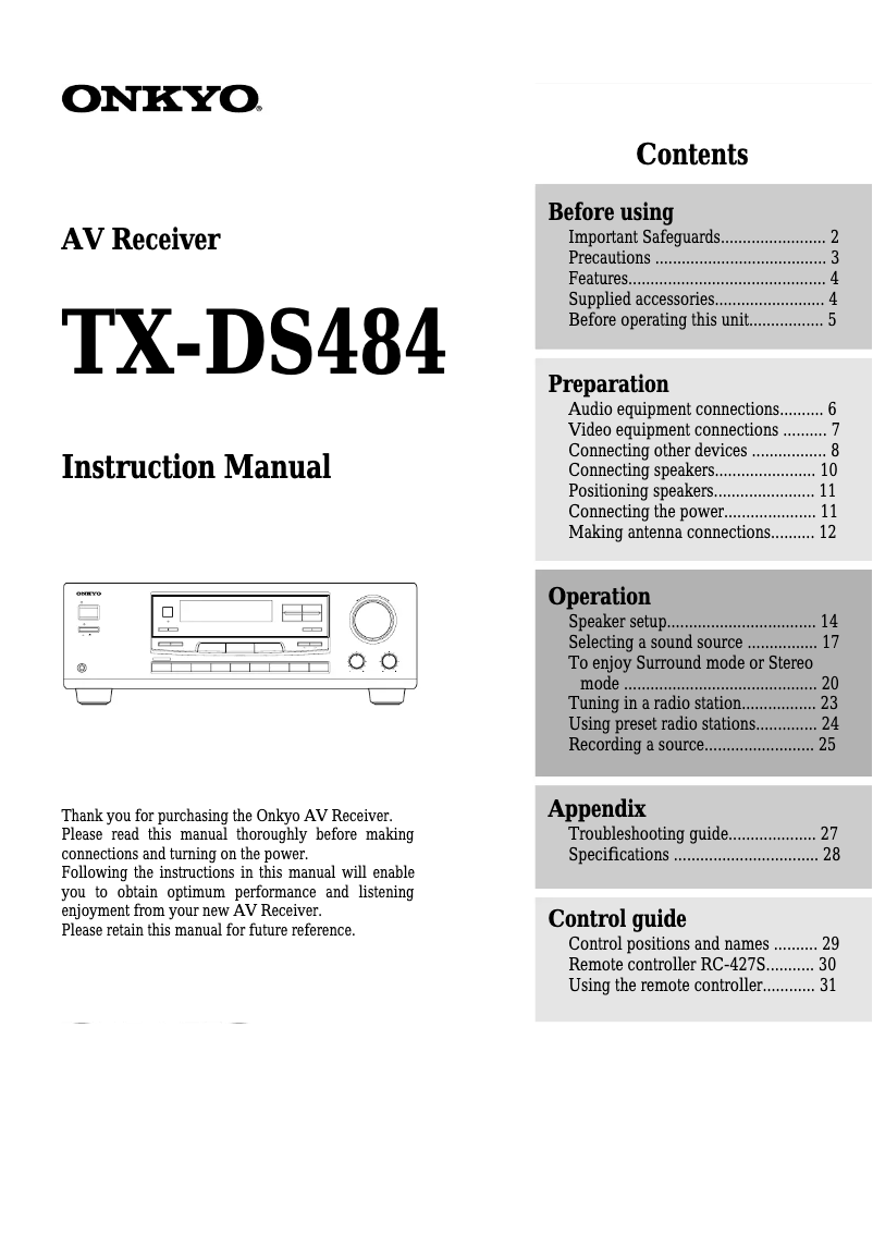Imagen de la primera página del manual del dispositivo TX-DS484