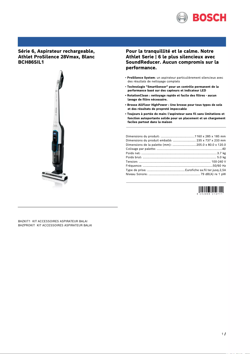 Página 1 del manual Ficha técnica Bosch Athlet ProSilence BCH86SIL1