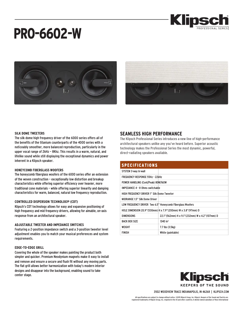 Página 1 del manual Ficha técnica Klipsch PRO-6602-W