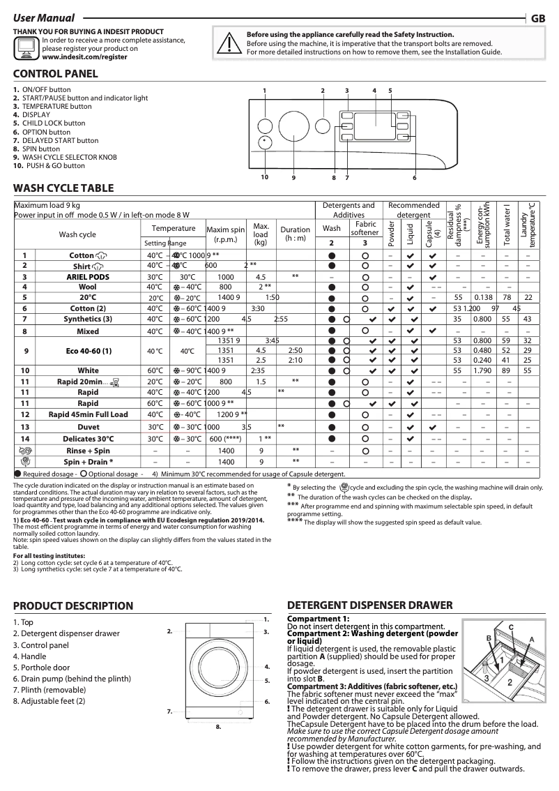 Página 1 del manual Manual de uso y mantenimiento Indesit BWE 91496X WV UK