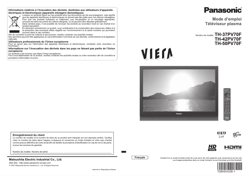 Imagen de la primera página del manual del dispositivo TH-50PV70F