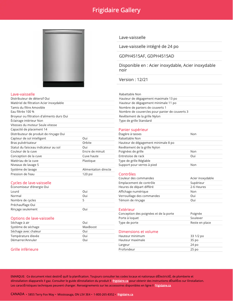 Página 1 del manual Ficha técnica Frigidaire GDPH4515AD