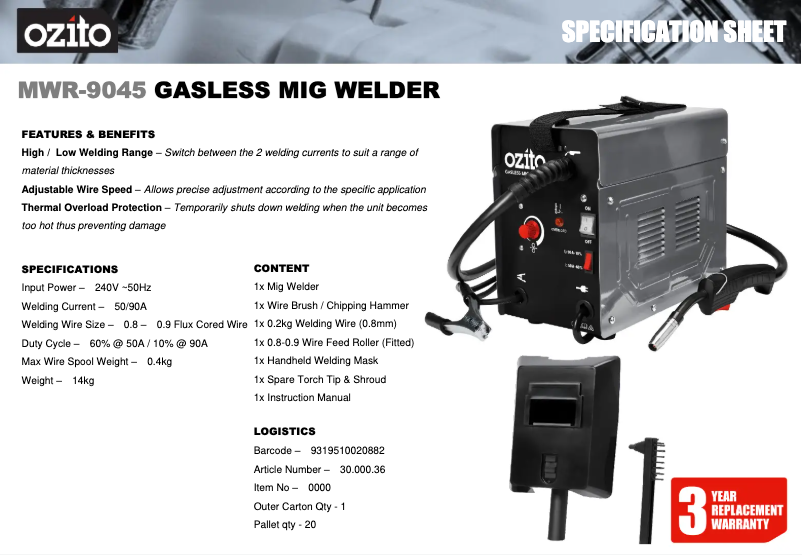 Página 1 del manual Ficha técnica Ozito MWR-9045