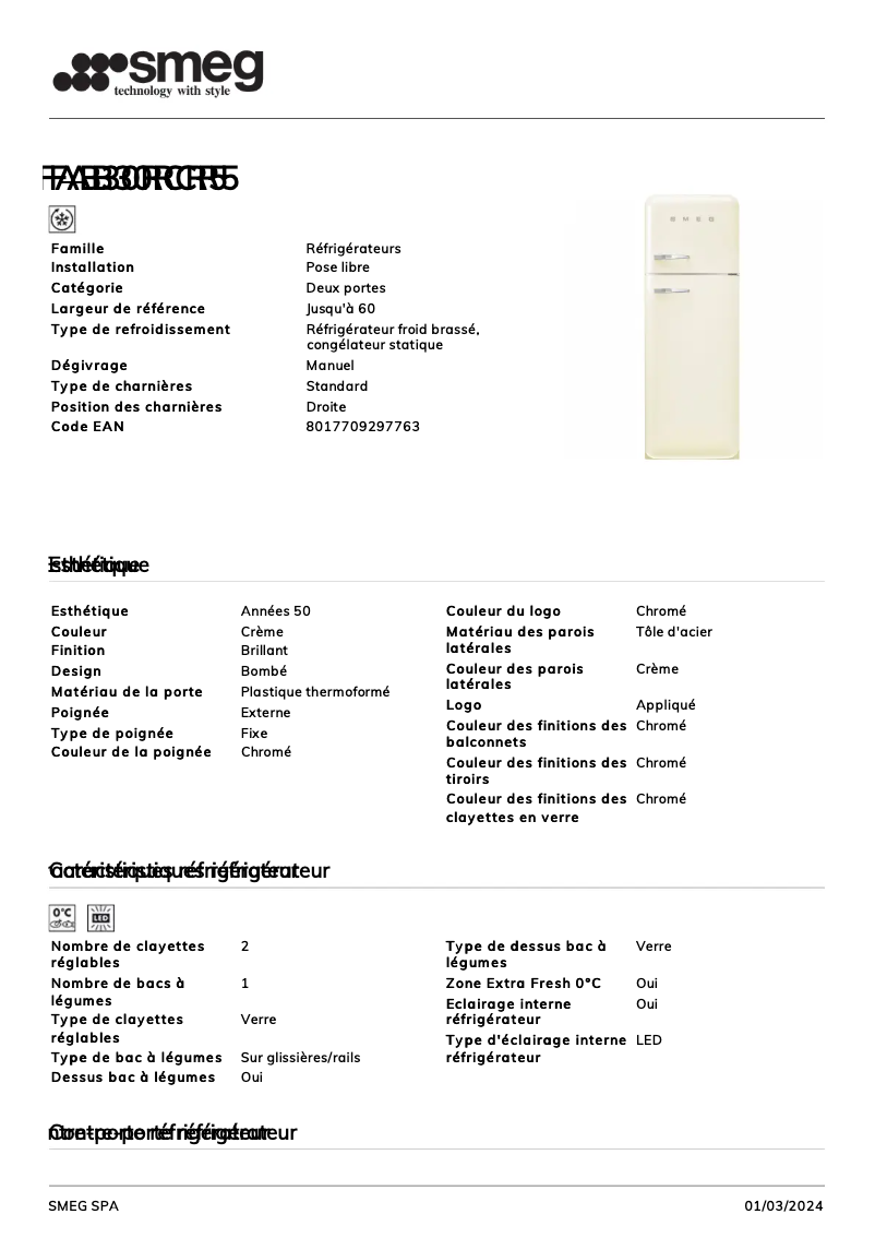 Página 1 del manual Ficha técnica Smeg FAB30RCR5