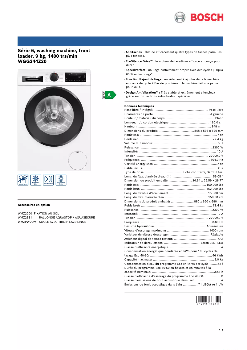 Página 1 del manual Ficha técnica Bosch WGG244Z20