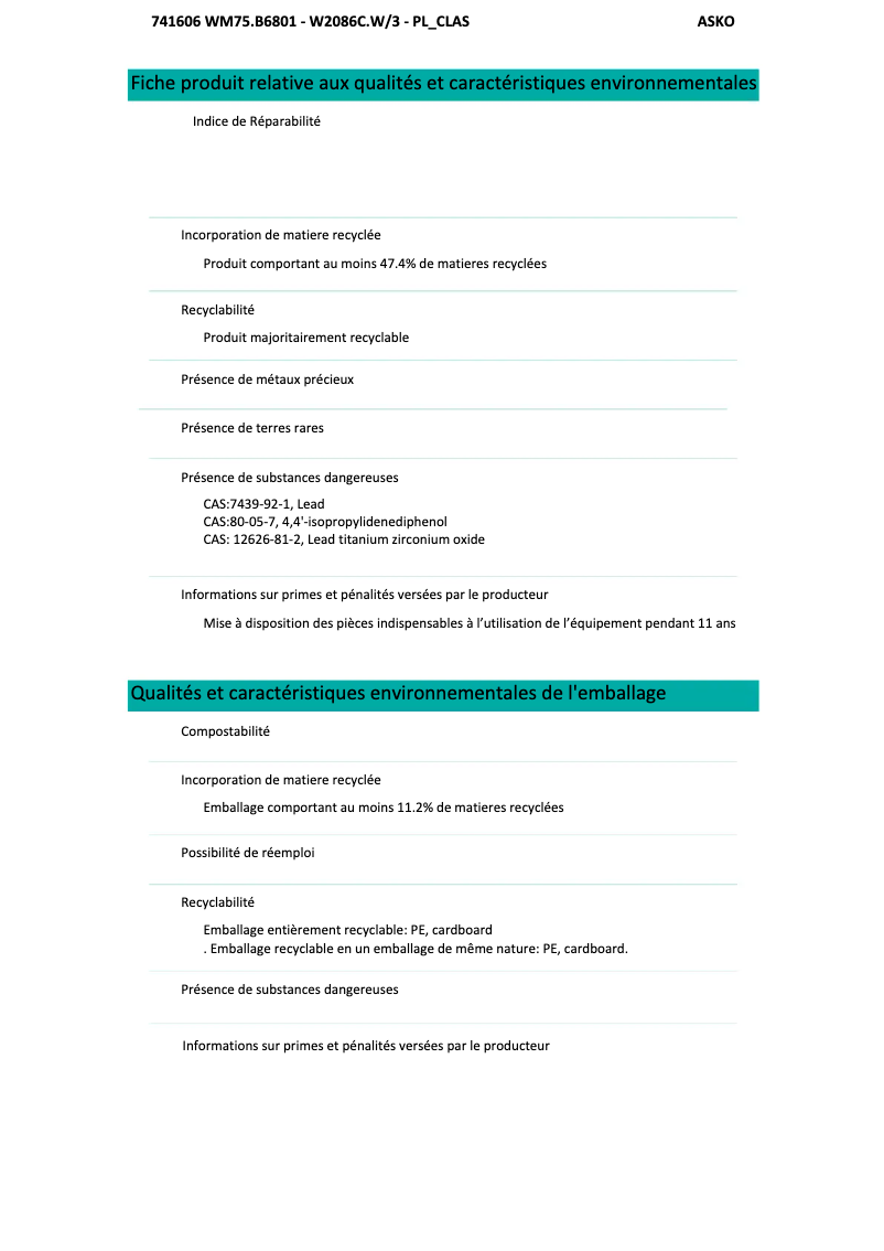 Página 1 del manual Ficha técnica Asko W2086C.W/3