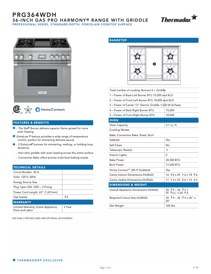 Página 1 del manual Ficha técnica Thermador PRG364WDH