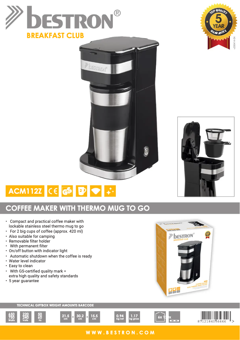 Página 1 del manual Ficha técnica Bestron ACM112Z