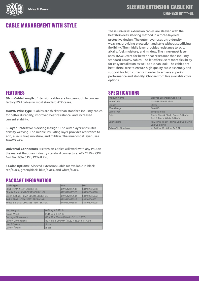 Página 1 del manual Manual de usuario Cooler Master Sleeved Extension Cable Kit