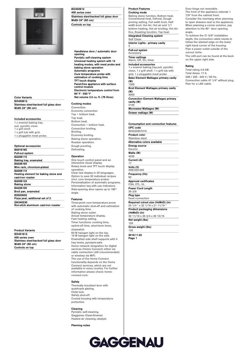 Página 1 del manual Ficha técnica Gaggenau BO451612