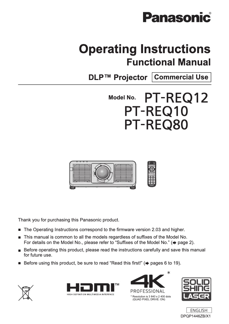 Página nº 1 - Manual de usuario Panasonic PT-REQ10