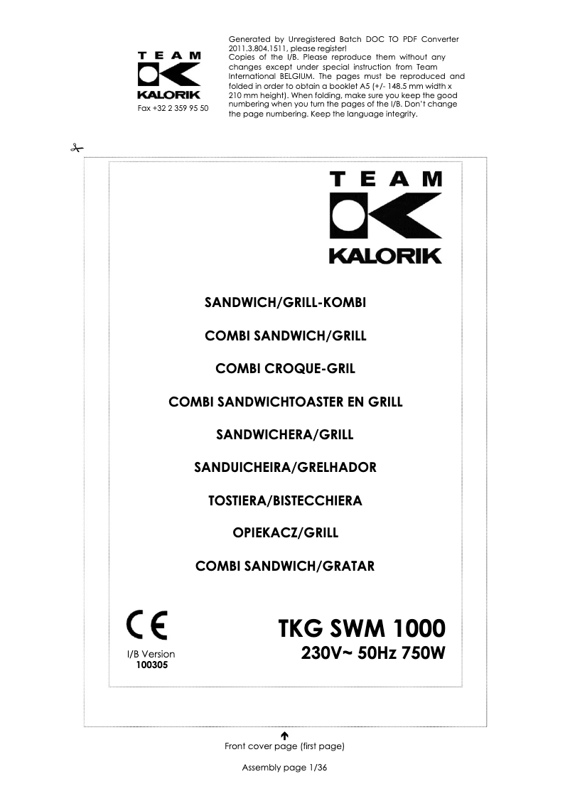 Imagen de la primera página del manual del dispositivo TKG SWM 1000