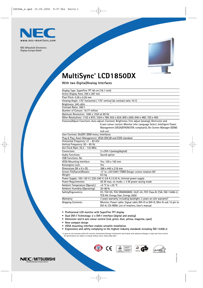 Imagen de la primera página del manual del dispositivo MultiSync LCD1850DX
