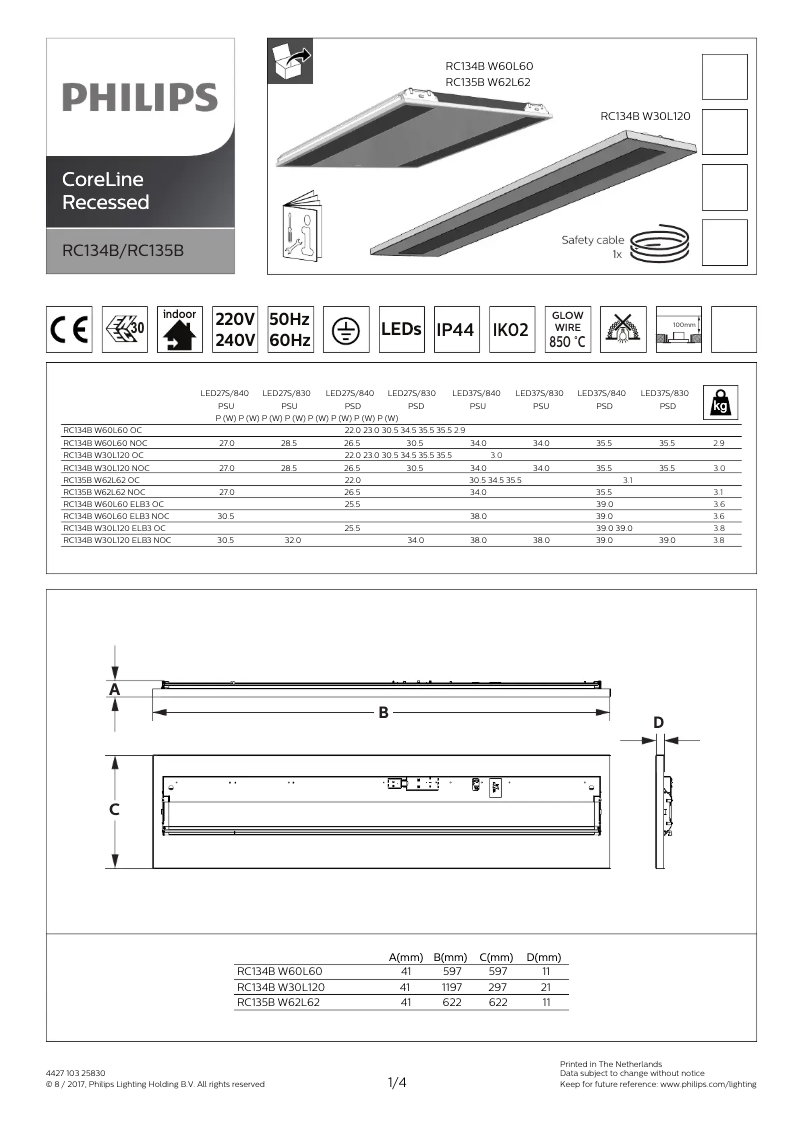 Imagen de la primera página del manual del dispositivo RC134B LED37S/830 PSU W30L120 NOC