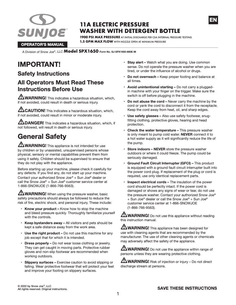 Página nº 1 - Manual de usuario Sun Joe SPX1650