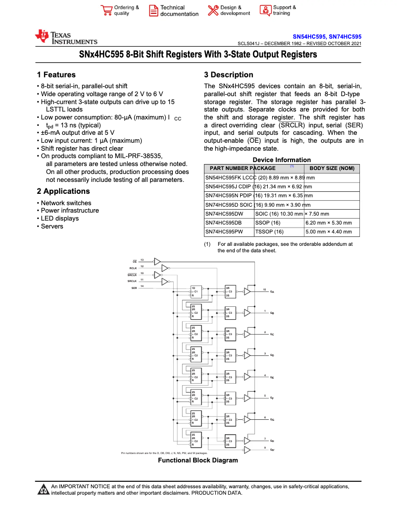 Imagen de la primera página del manual del dispositivo SN74HC595N