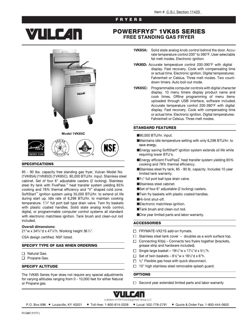 Página 1 del manual Ficha técnica Vulcan VK85