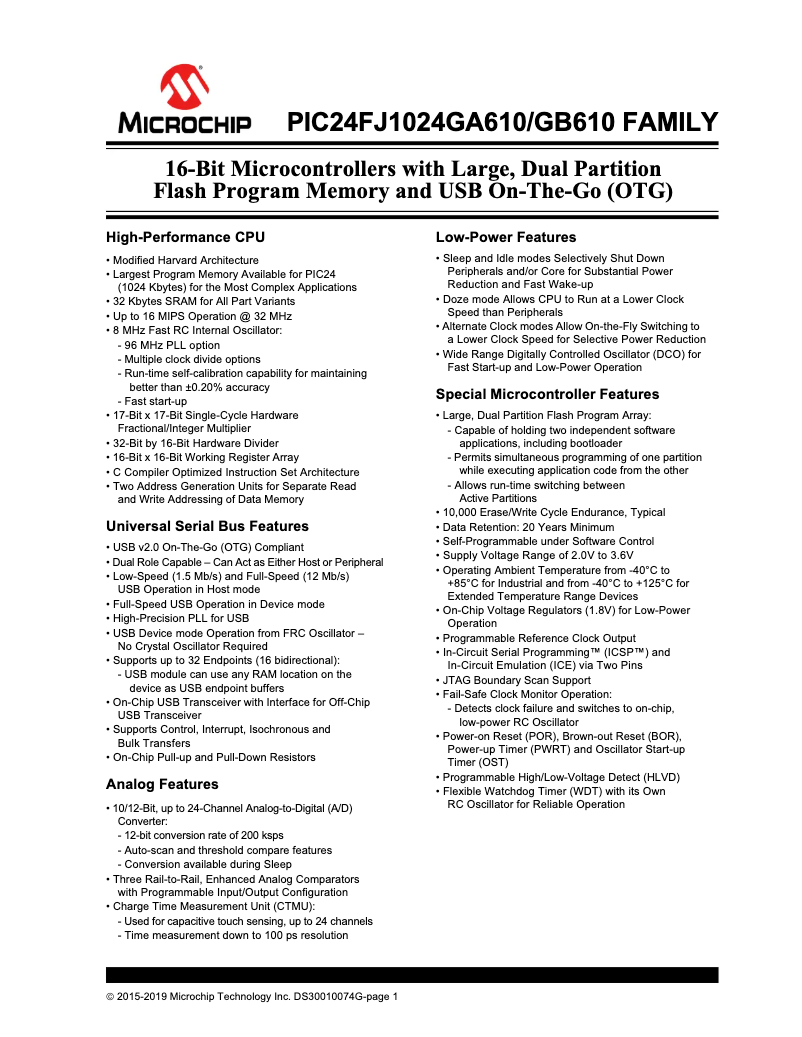 Página nº 1 - Ficha técnica Microchip PIC24FJ128GA610