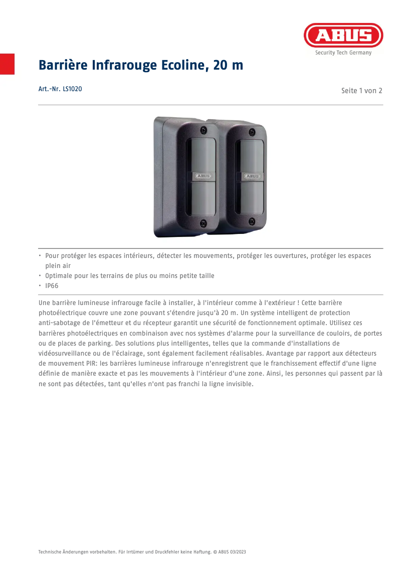 Página 1 del manual Ficha técnica Abus LS1020