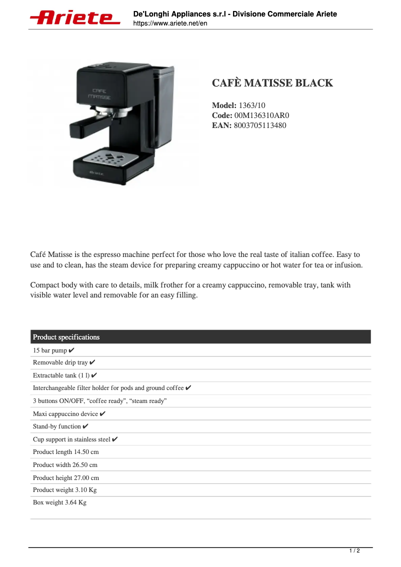 Página 1 del manual Ficha técnica Ariete Cafè Matisse 1363